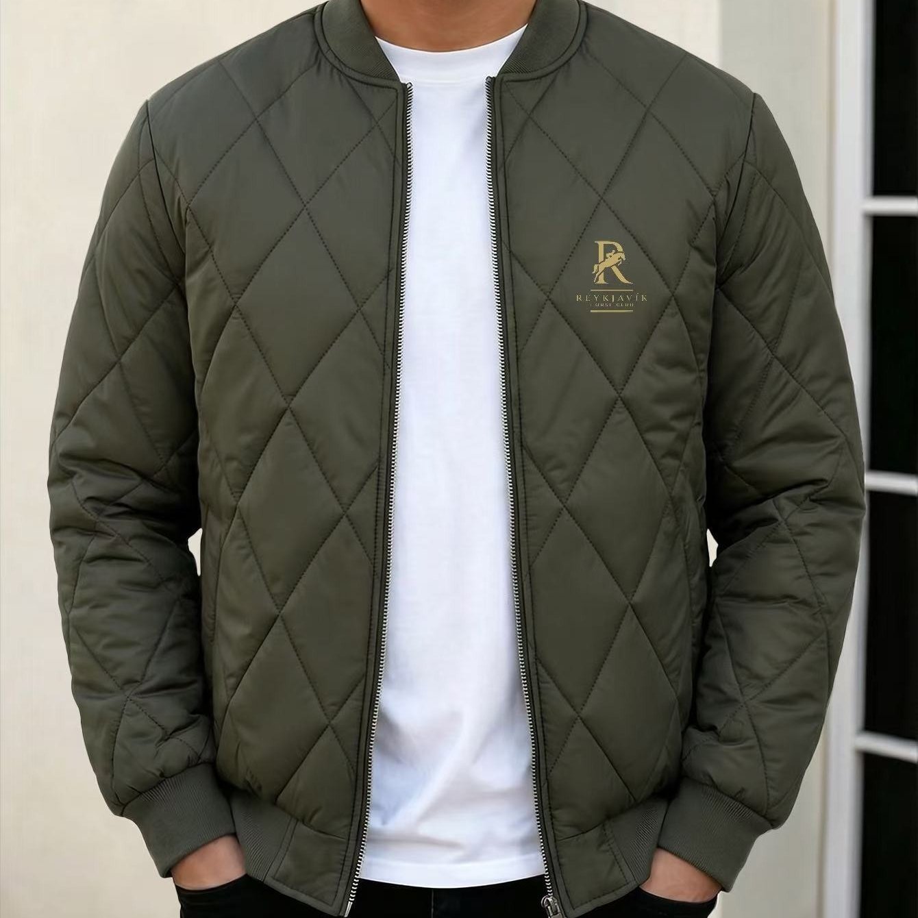 TEMU Men's Black Diamond Quilted Casual Jacket, Stylish Letter Print Design, Everyday Versatile Outerwear