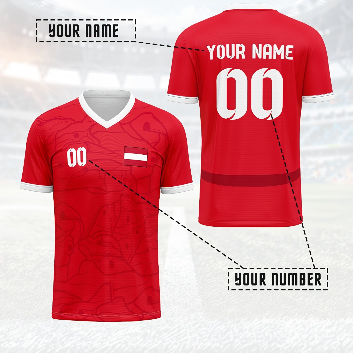 TEMU Football Jersey - Personalized Name And Number, Red And White V-neck Training And Match Kit, Breathable Sports Top, Suitable For Training,