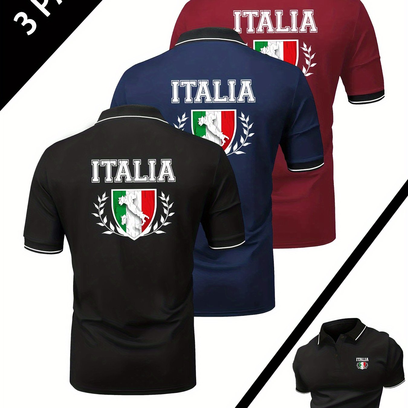 TEMU Men's 3pcs Shirts With Italian Flag Print, Trendy Golf Shirts, Short Sleeve With Collar, Stretch, Super Comfortable, Breathable, Versatile,