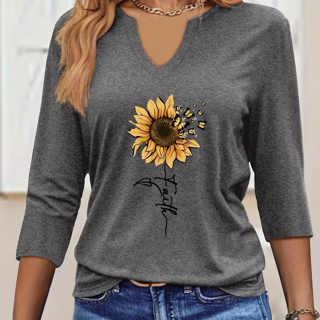 TEMU Graphic Print T-shirt, V-neck Three-quarter Sleeve T-shirt, Elegant Solid Color Top For Spring And Summer, Women's Wear
