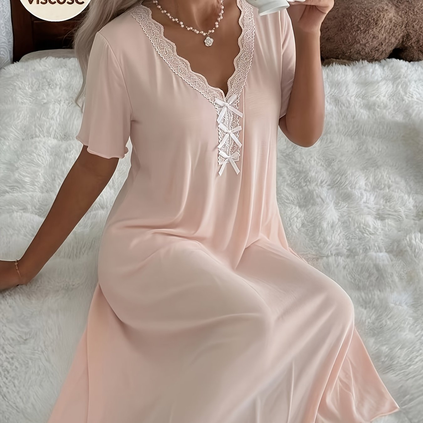 Women's Rayon Modal Lace V-neck Bow Stretchy Nightgown, Super Soft