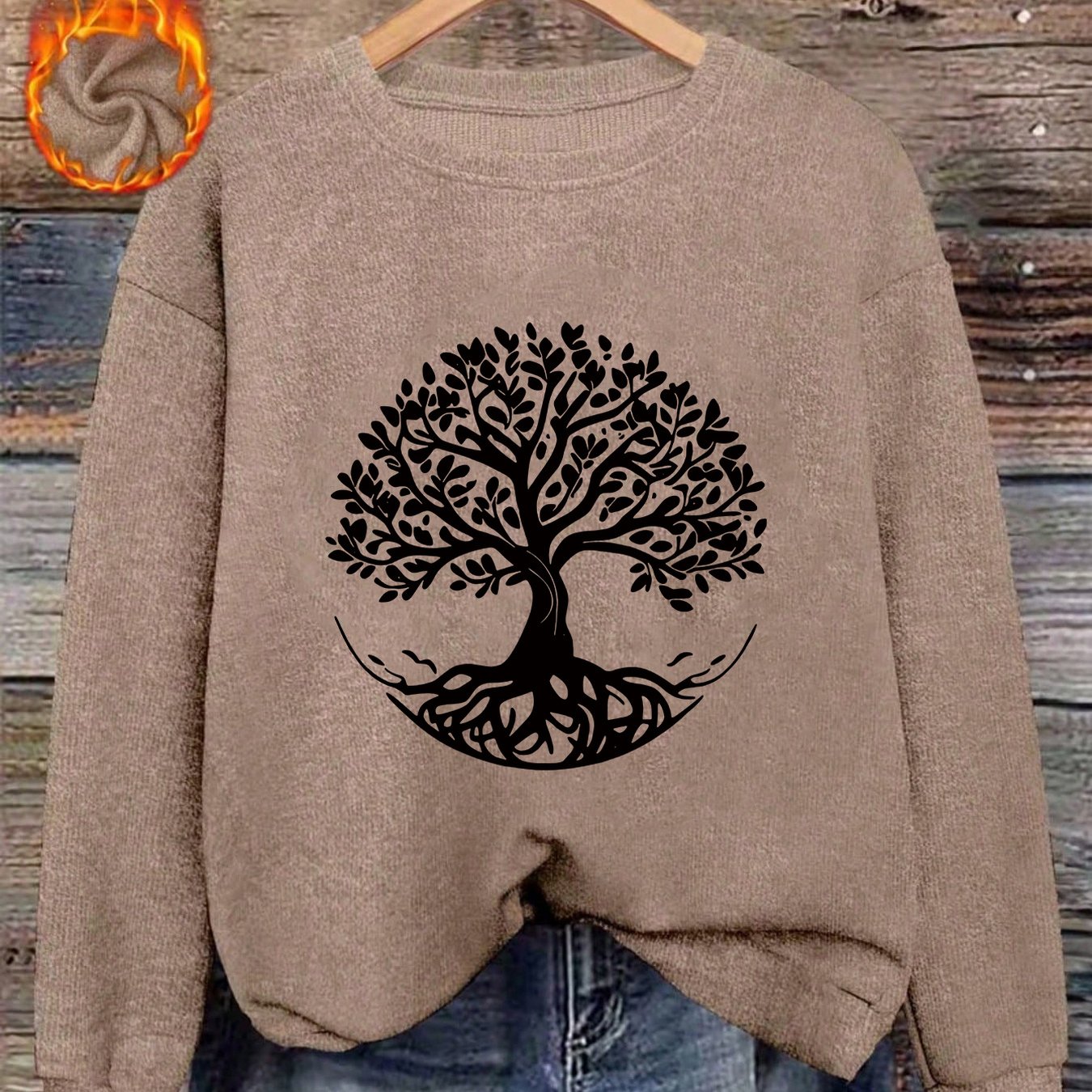 TEMU Plus Size, Women's Fashion Autumn/winter New Arrival, Artistic Style, Tree Of Life Positioning Print, Round Neck Thickened Long-sleeve
