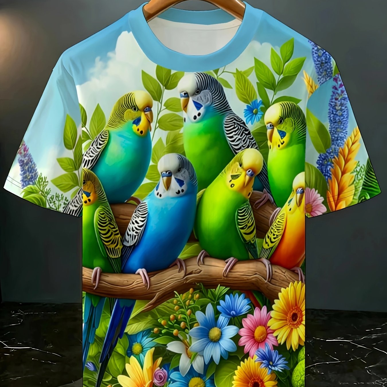 TEMU [printeddesign-nottextured] Short-sleeved T-shirt, Printed All Over With Colorful Parrots, Flowers, Green Leaves, And , Vibrant, Plus Size