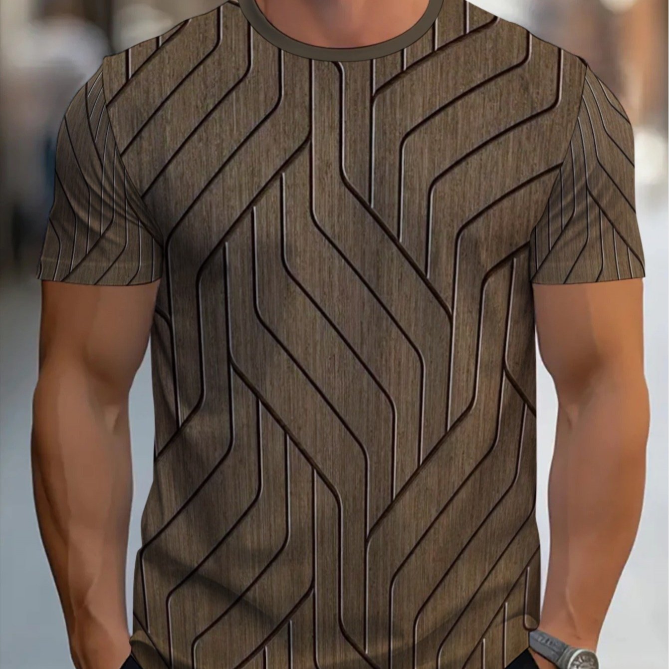 TEMU [print Design-not Textured] Men's Casual Athletic Short Sleeve T-shirt, Geometric Pattern, Lightweight Polyester Fabric, Brown Tone, Perfect For