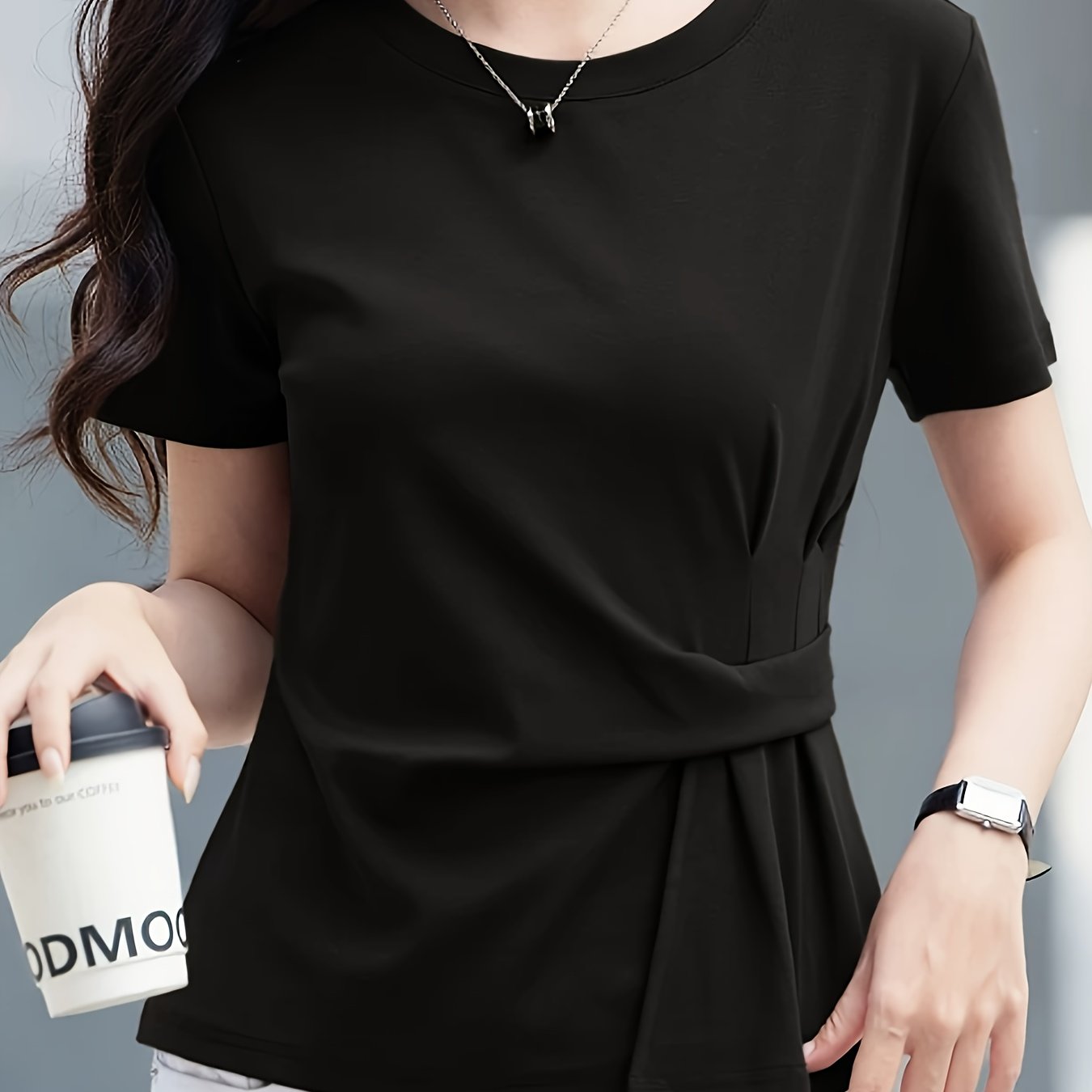 TEMU 러플 디자인 아세틱 스퀘어 숄더 반팔 티셔츠 여성 여름 신상 단색 허리 집어넣는 루즈핏 반팔 커버업 탑 티셔츠