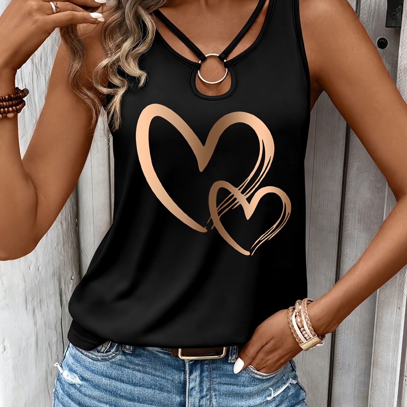 TEMU 1pc Summer Casual Heart Pattern Printed Cut-out Sleeveless T-shirt | Women's V-neck Top -7203