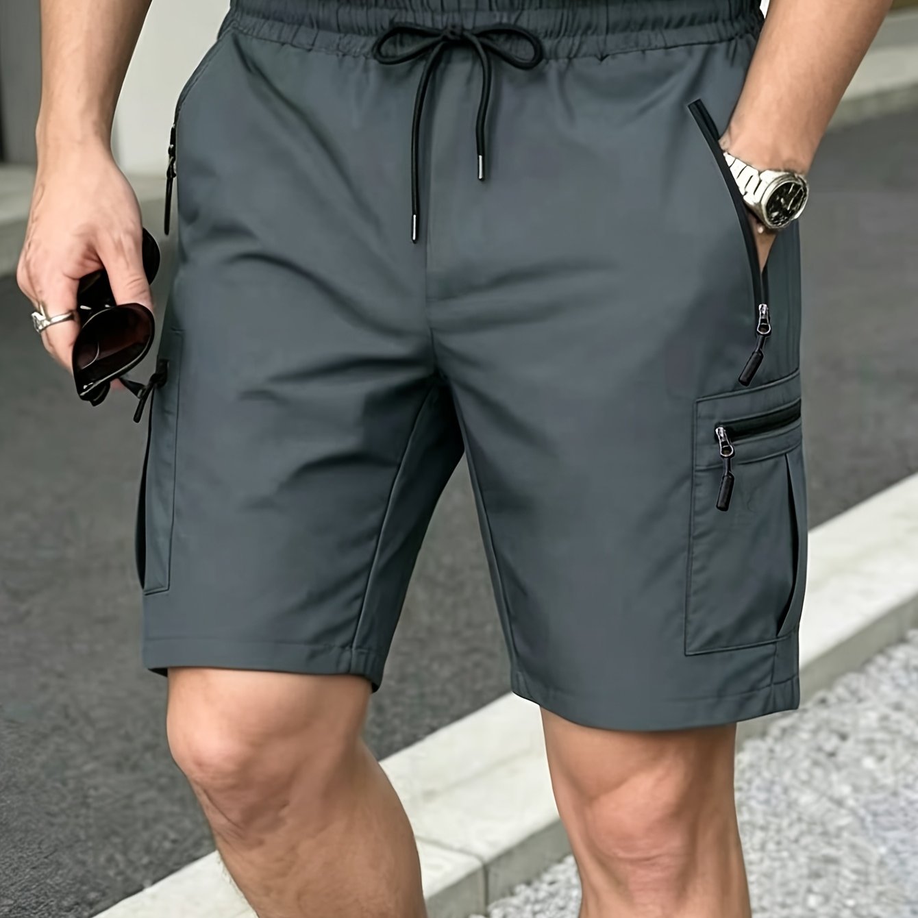 TEMU Fashion Men' Color Cargo Shorts, Safe Zipper Pocket Casual Shorts, Lightweight Breathable Belt Adjustable Outdoor Sports Shorts