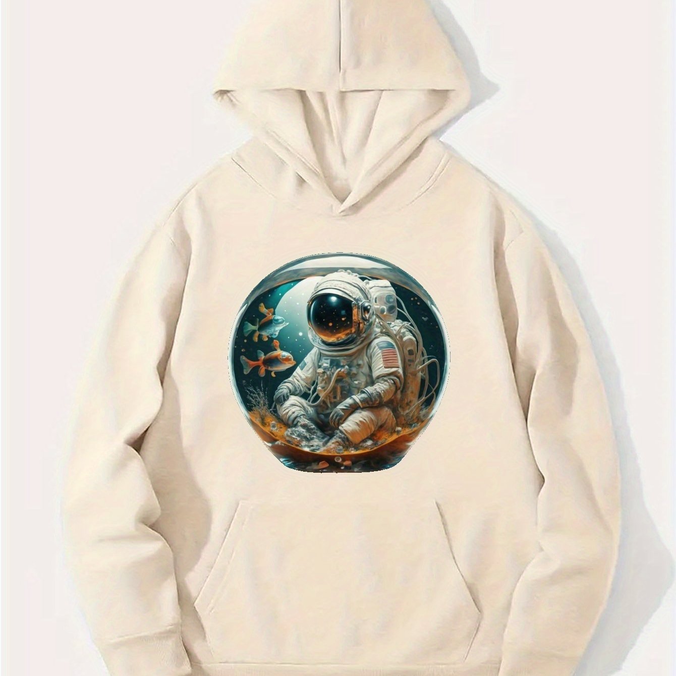 *'s Thoughtful Astronaut Print Hoodie, Casual Loose Hooded Long Sleeve  Slightly Stretch Pullover Sweatshirt Top *'s Clothings For Outdoor