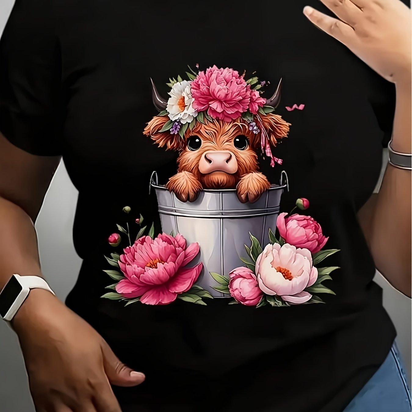 TEMU Plus Size - Women's Pink Scottish Highland Cow Soft Breathable Short Round Neck With Cute Cow Heart Print Unisex Casual Suitable For Birthdays