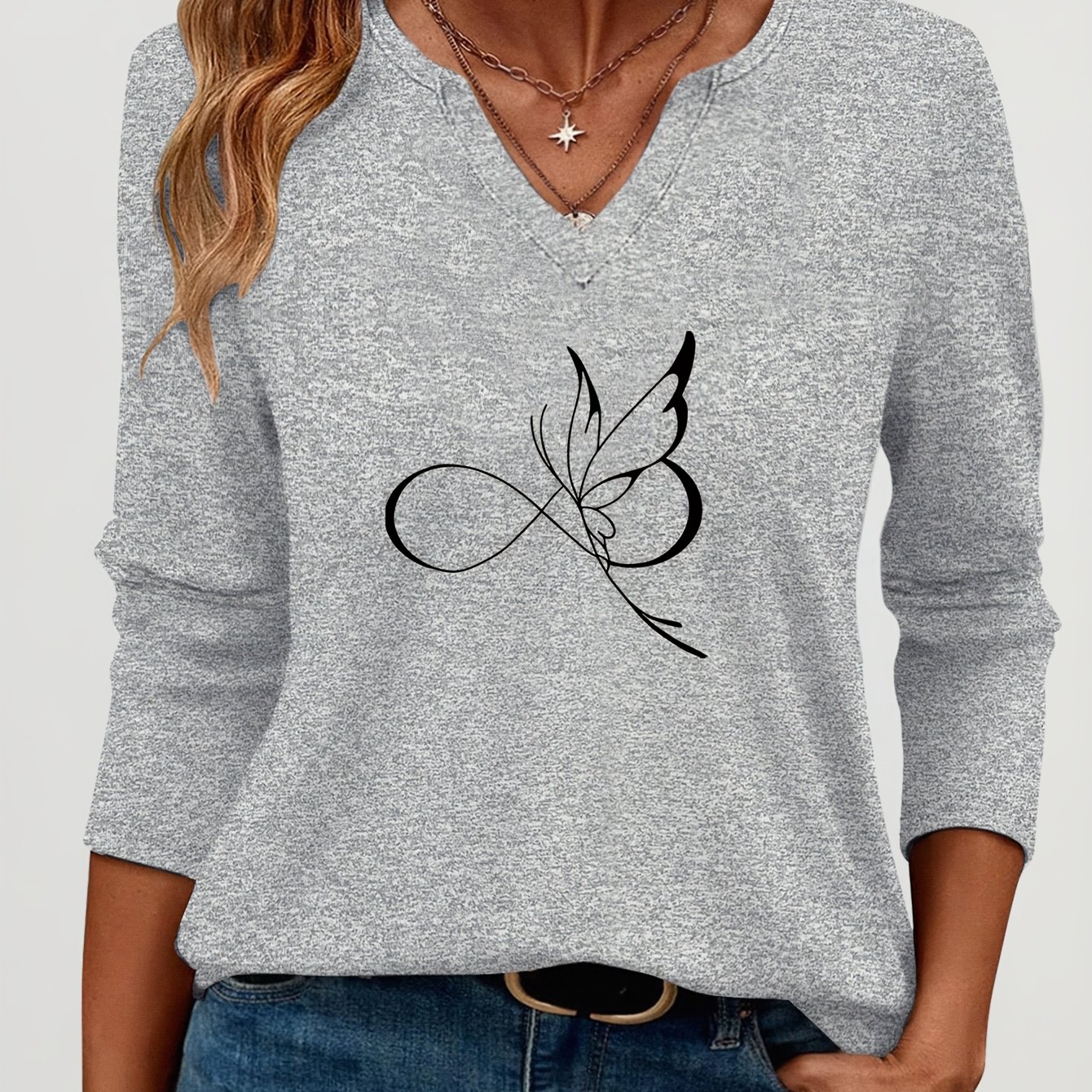 TEMU V-neck Print T-shirt - Soft Breathable 3/4 Sleeve Suitable For Casual & Y Wear, Minimalist Line, Machine Washable Basic Top For Layering, -