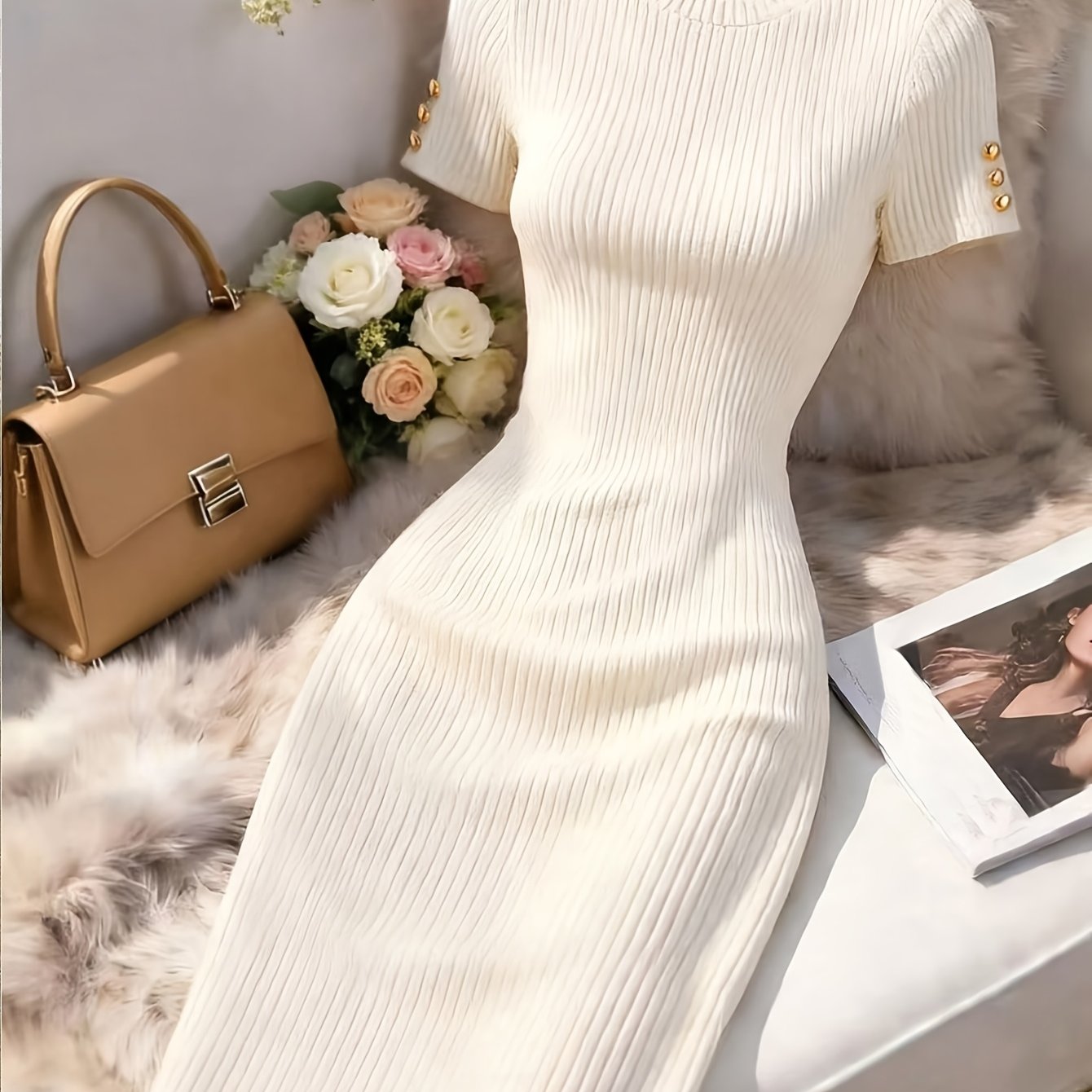 TEMU Women' Color Round Neck Short Sleeve Button- Fit Elegant Mini Dress