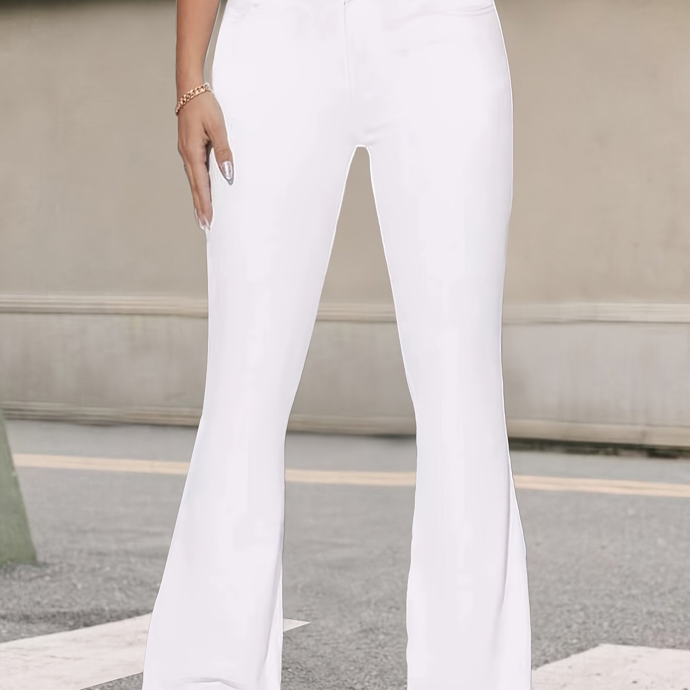 Image of Women's Slim-fit White Flared Jeans - High-stretch Mid-rise Button-fly Denim Pants With Water-washed Texture, Elegant Casual & Formal Trousers For Casual Attire