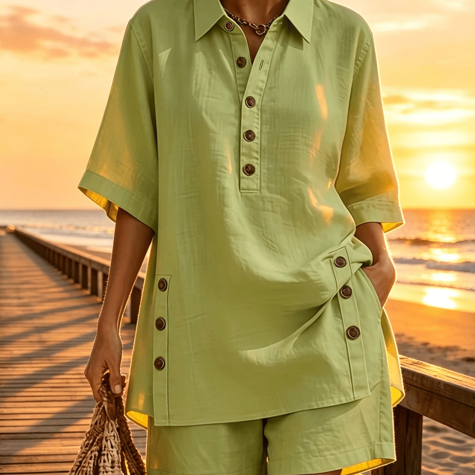 TEMU Ensemble deux pièces confortable et ample comprenant une chemise boutonnée et un short, costume de couleur unie pour femmes, à boutons latéraux,