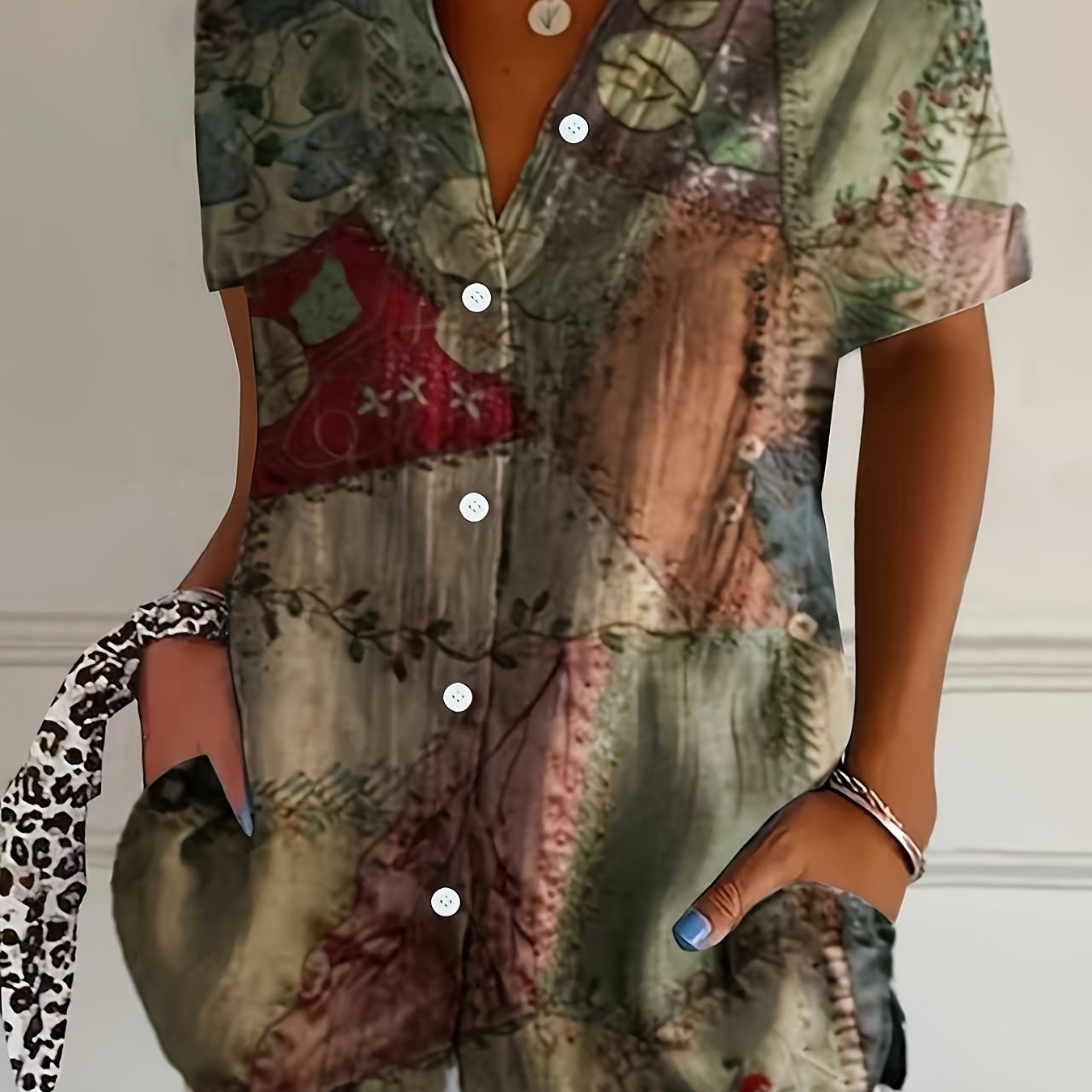 E-shop Muttertag Retro Blumenmuster Urlaubsstil Einfaches Hemd, Casual Knopfleiste Kurzarmhemd, Damen Frühling Herbst