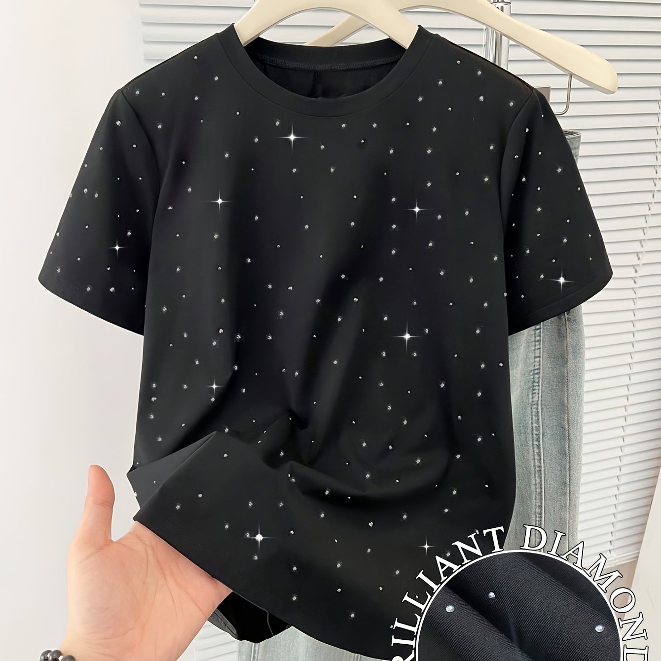TEMU Plus Size - Plus Size - Women's Fashion Round Neck Hot Drilling Decoration Plus Size Short Sleeve T-shirt Spring/summer