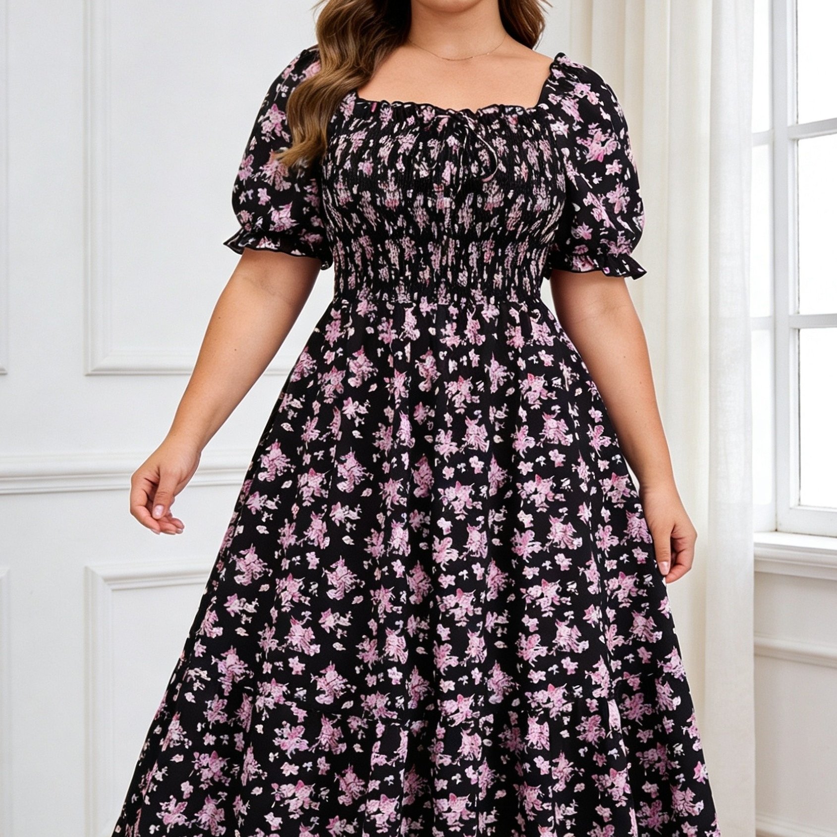 E-shop Plus Size, Damen Sommerkleid mit Blumenmuster kurzen Ärmeln für eine schlanke Taille