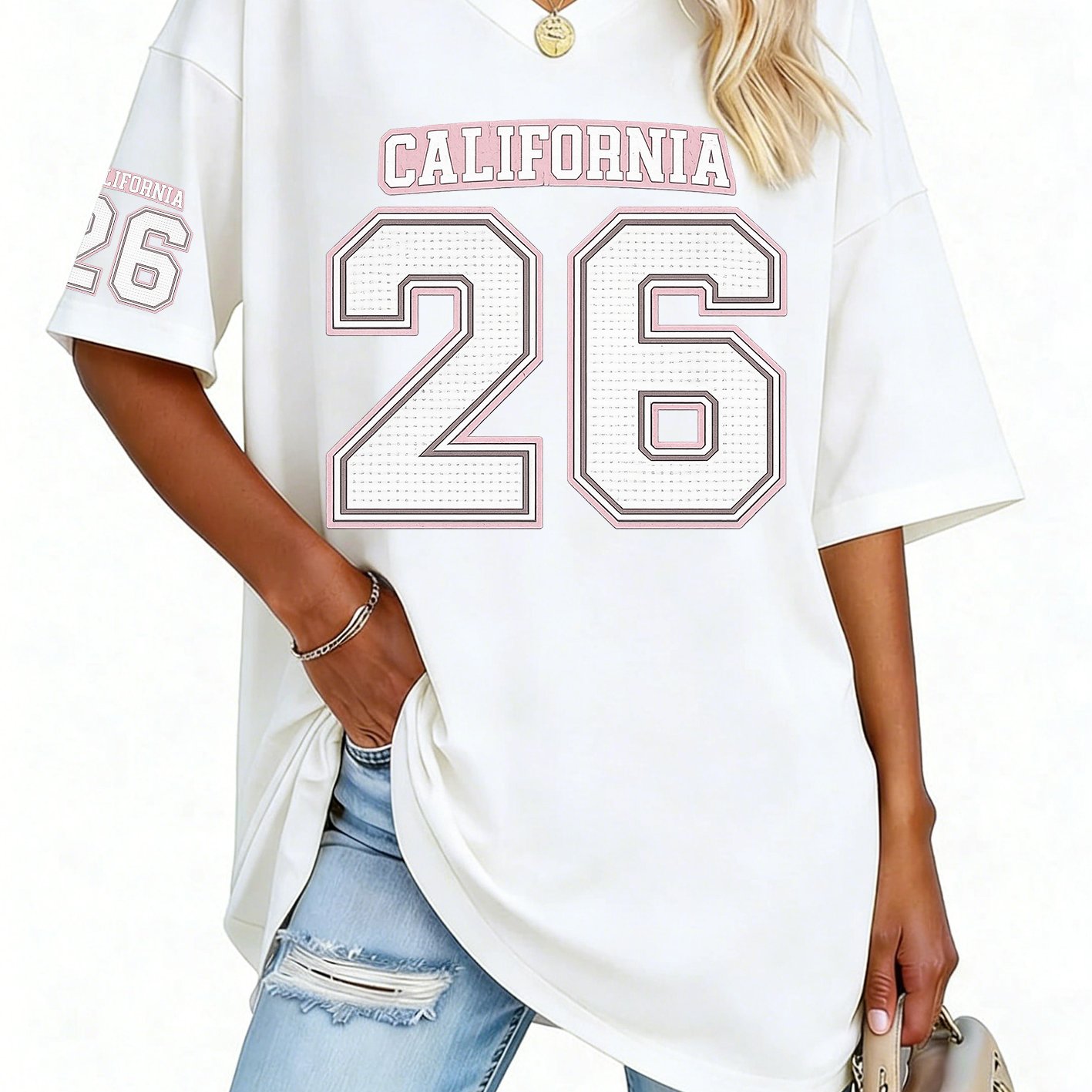 TEMU Women's Fashion V-neck Tee Featuring Relaxed Drop Shoulders