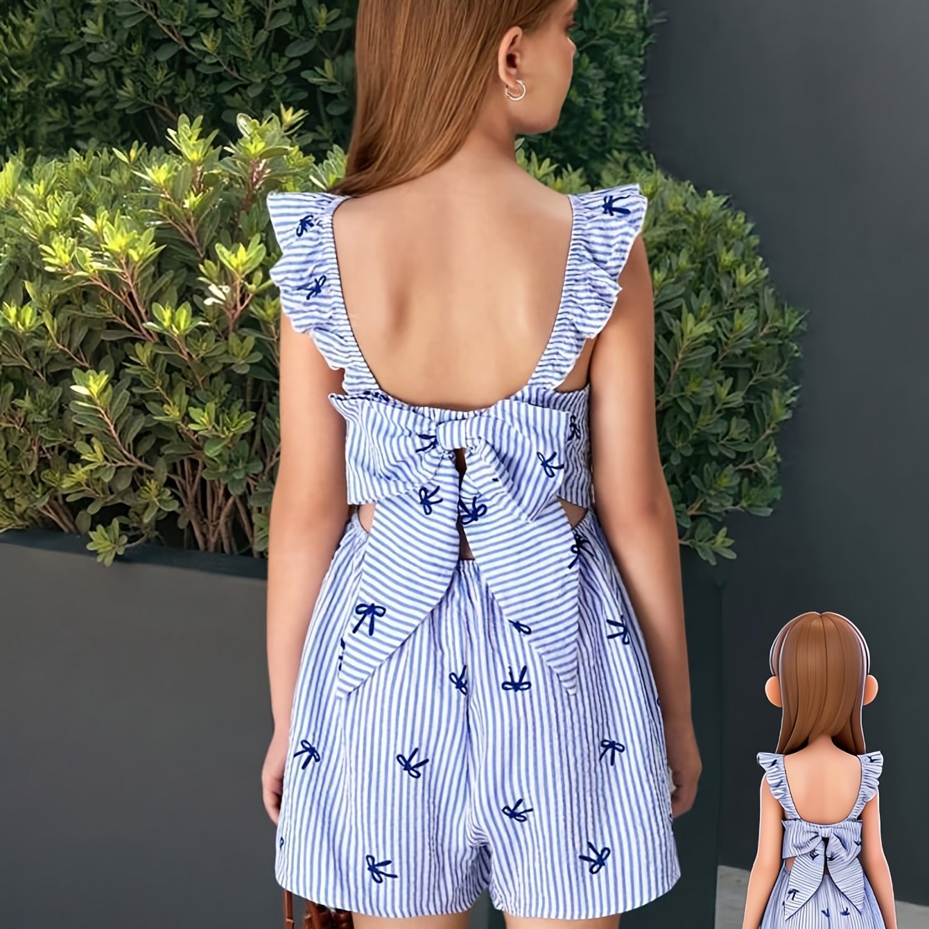 Girls' Casual Sheer Back Jumpsuit, Bow And Lace Detail, Striped Bow Print Romper, Perfect For Girls' Summer , Fashion , For Outdoor