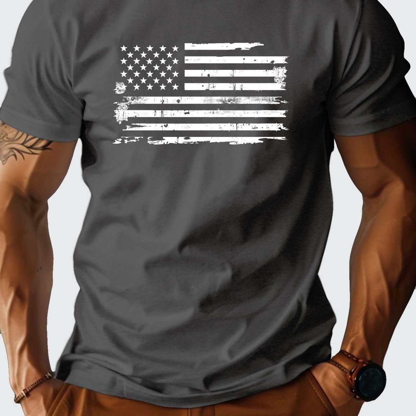 TEMU Men's Navy T-shirt With Hand-painted American Flag Print - Fit, Casual Round Neck Tee For Casual Attire