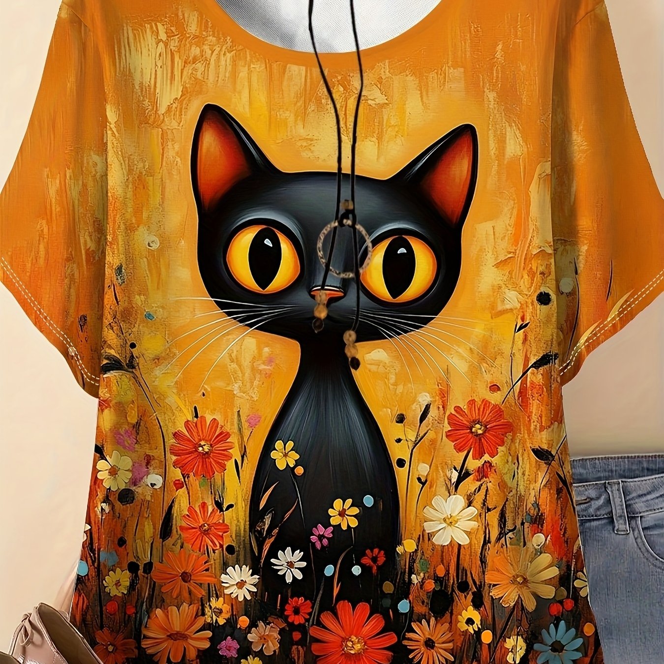 Plus Size, Women's Plus Size Large T-shirts - Cat & Flower Print Round Neck Short Sleeve Blouse Suitable For Summer Outdoor Wear, Casual Top, Machine Washable - Casual Attire For Large Size Clothing