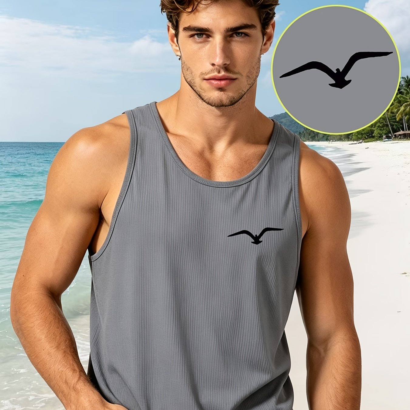 TEMU Relaxed Fit Khaki Sleeveless Vest With Seagull Silhouette Logo Top
