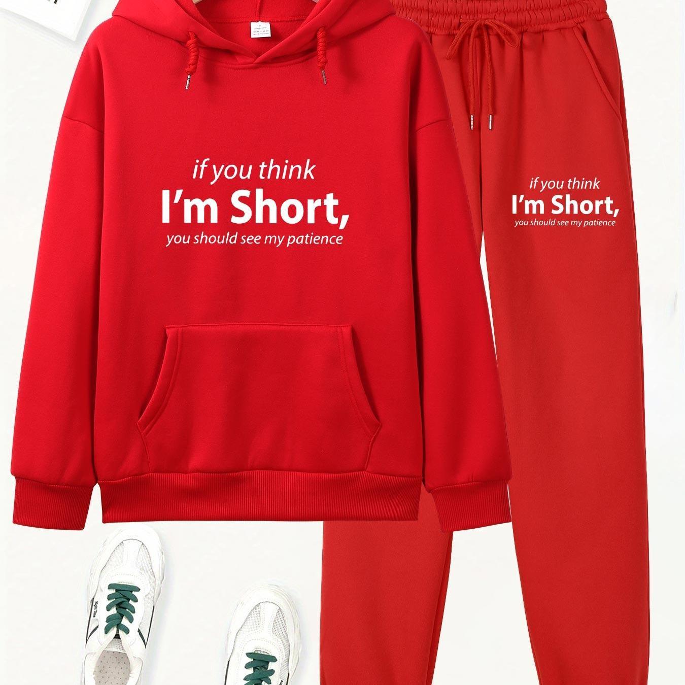 TEMU Women's Pink " I'm Short, You See My " Hoodie & Sweatpants Set - Cozy, Warm, And Stylish Activewear With Pockets, , Activewear | Print Hoodie |