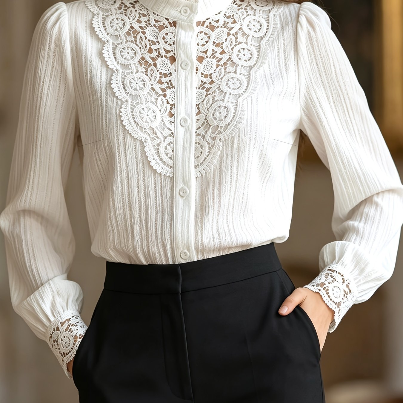 TEMU Spring Summer New Solid Stand Collar Long Sleeve Button-up Women's Shirt Top