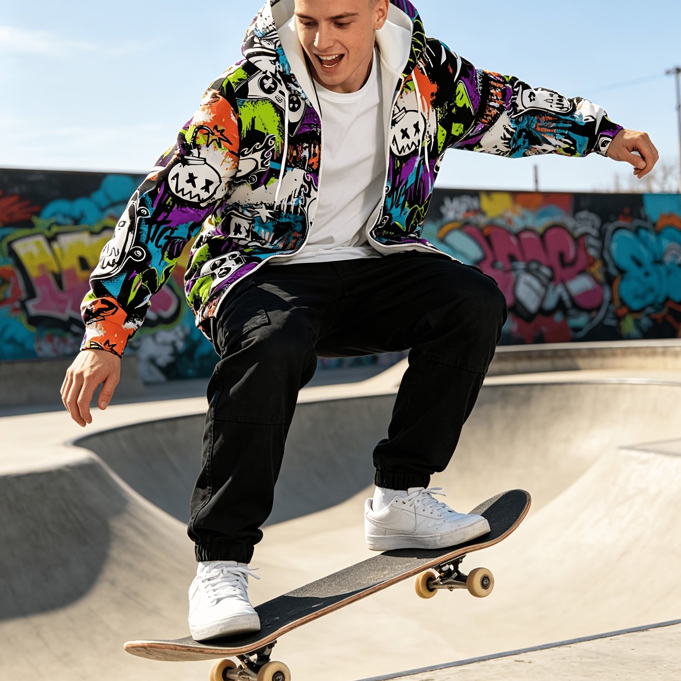 TEMU Men's Trendy Hooded Zip-up Sweatshirt Street Graffiti Game Controller Print Jacket Fashion Casual Loose Top