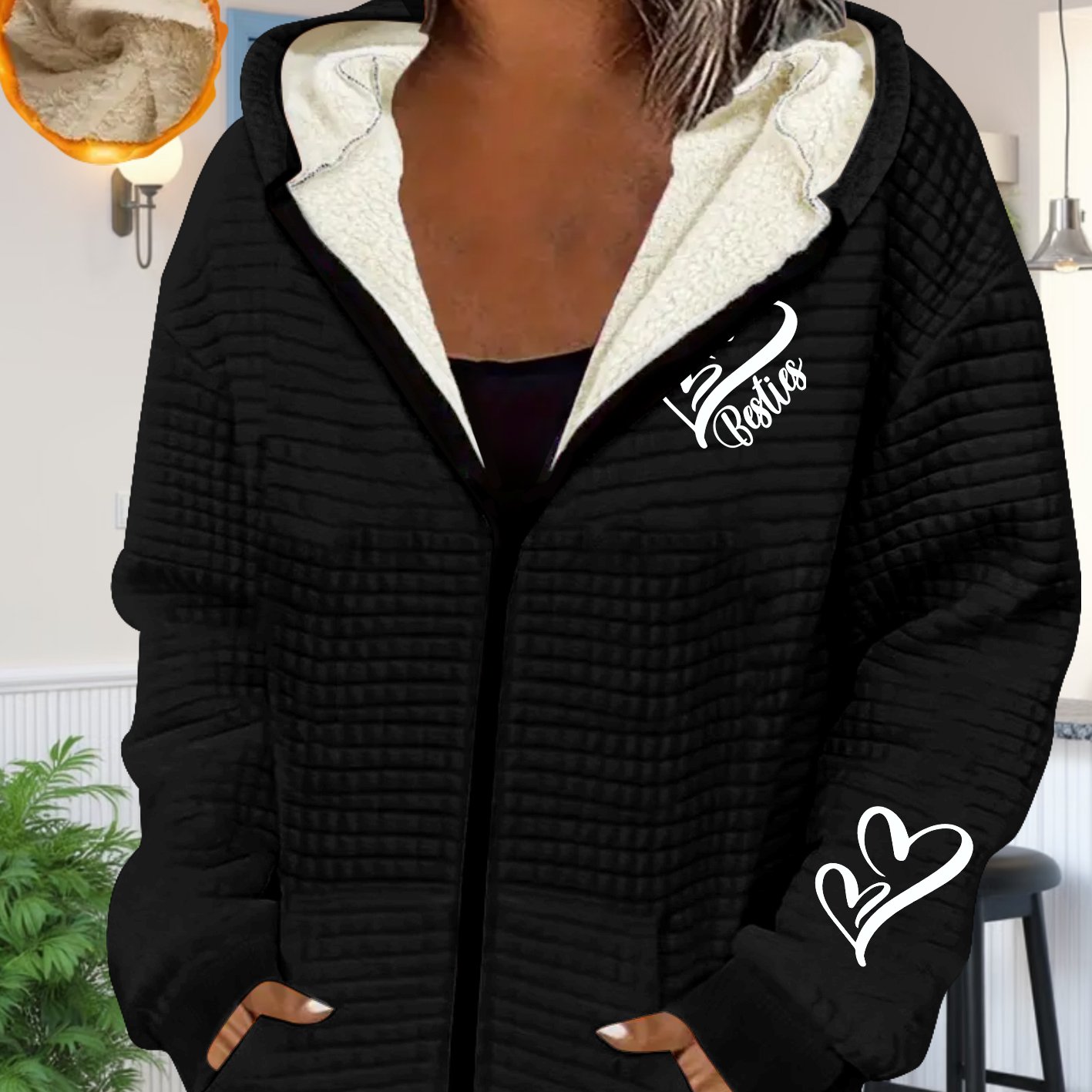 TEMU Heart Pattern Print, Women's Casual Waffle Fleece-lined Zipper Thick Jacket Autumn/winter - Fiber, Machine Washable, Geometric Pattern