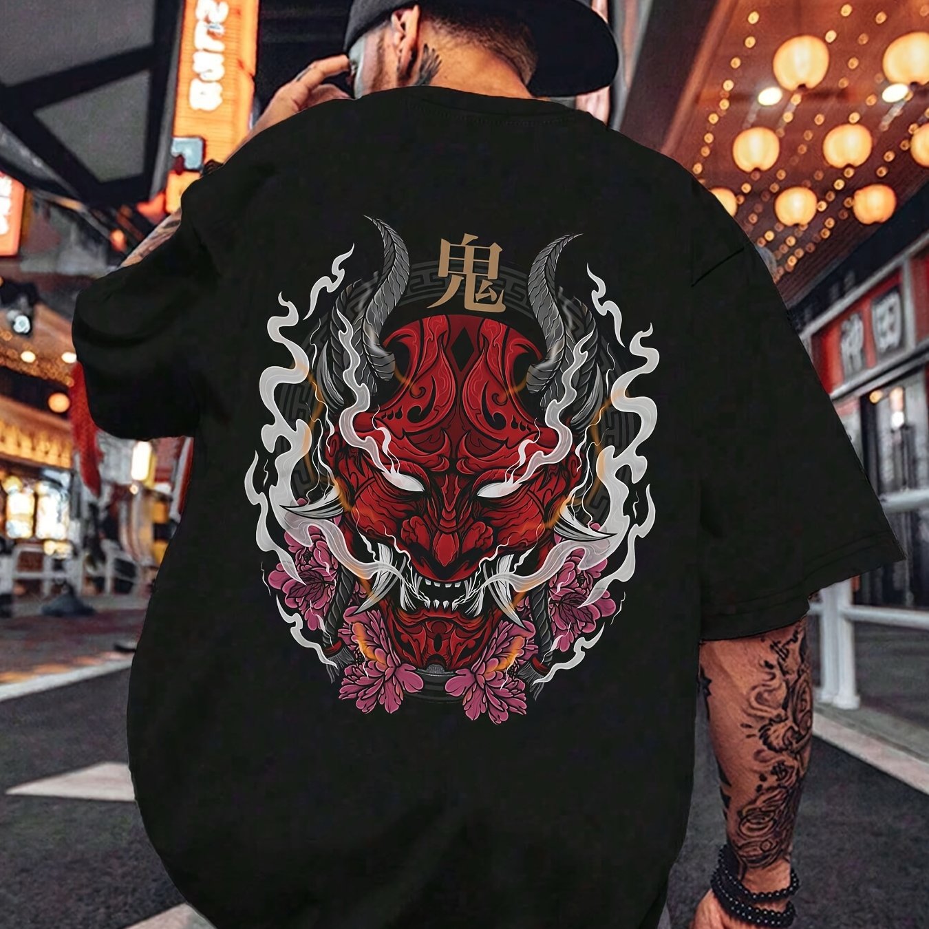 TEMU Men's Casual Graphic Print Short Sleeve T-shirt - Flame & , Regular Fit Summer Streetwear Top, White With Red/black/yellow Artwork, Street Style