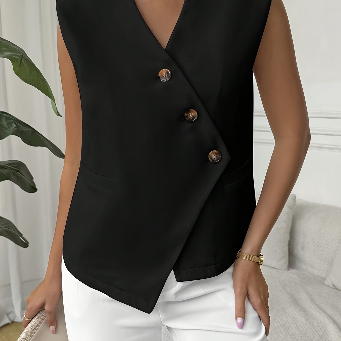 E-shop Damen Freizeit Retro Geld-Stil Ärmellose Arbeitskleidung Einreihige V-Ausschnitt Knopfleiste Oberbekleidung Weste Lehrer Outfit Business