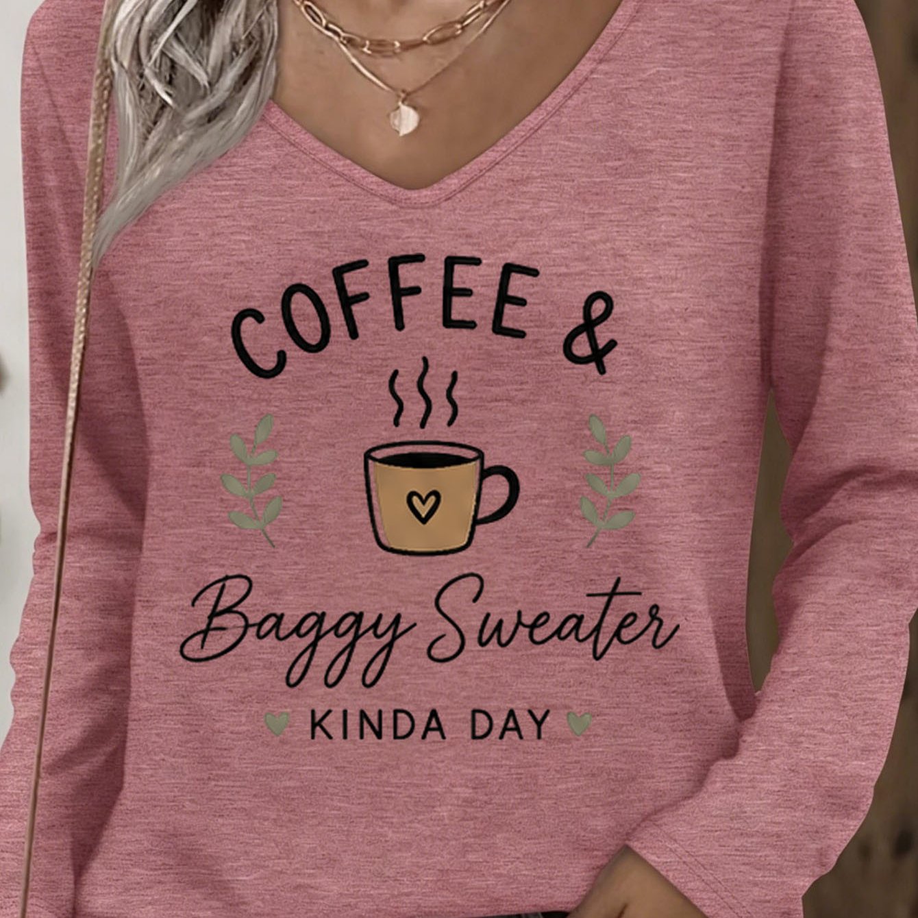 TEMU Women's Vintage Coffee V-neck T-shirt - Stretchy Loose-fit Long Sleeve Suitable For Home & Outdoor Wear, Machine Washable Retro Top, Cozy Fall