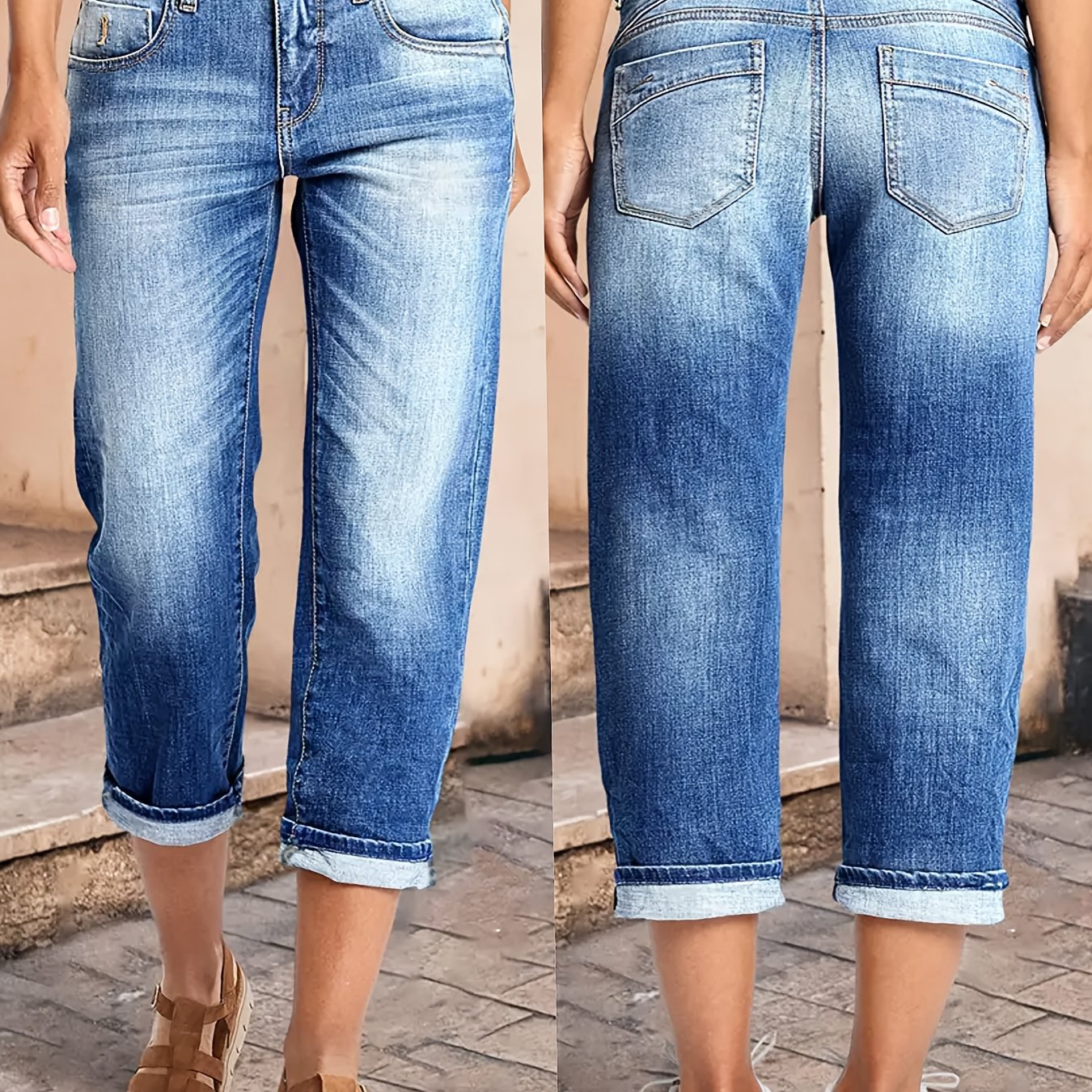 Image of Mid-'s Jeans, Casual Outing. Washed Denim, Stretch And Machine Washable, Back Pocket Detail, Women's Fashion Jeans