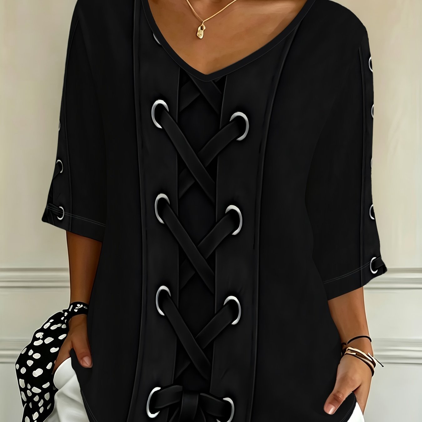 TEMU Plus Size - [printed Design - Not Textured] Casual Fashion Holiday New Women's Plus Size V-neck Tie-front Printed 3/4 Sleeve T-shirt, Top