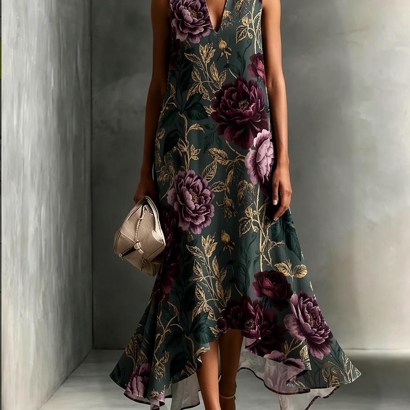 Image of New Women's Dress Women's Summer Outfits Purple Print Pattern Print V-neck Dress Elegant Luxury Dress For Women Fabric Machine Washable Casual Suitable For Gatherings And Daily Wear 2d Flat Print