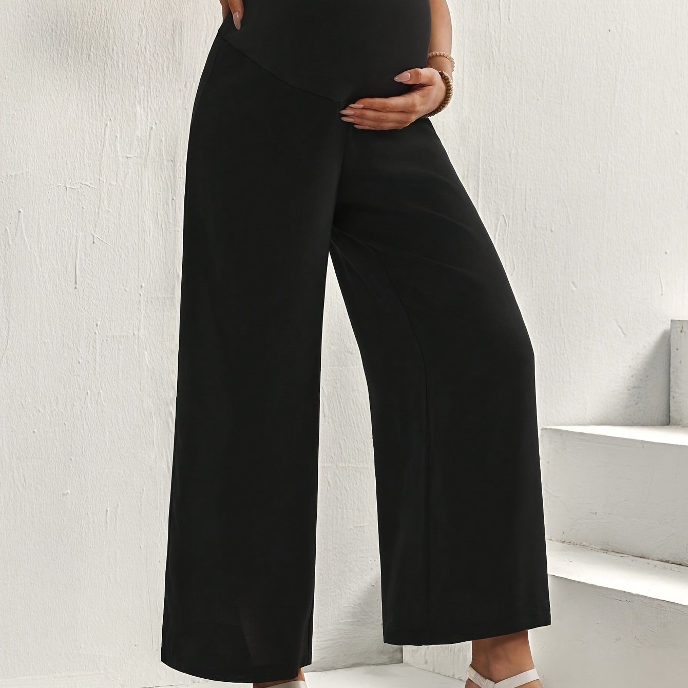Maternity Solid Color Adjustable Waist Wide-leg Casual Pants