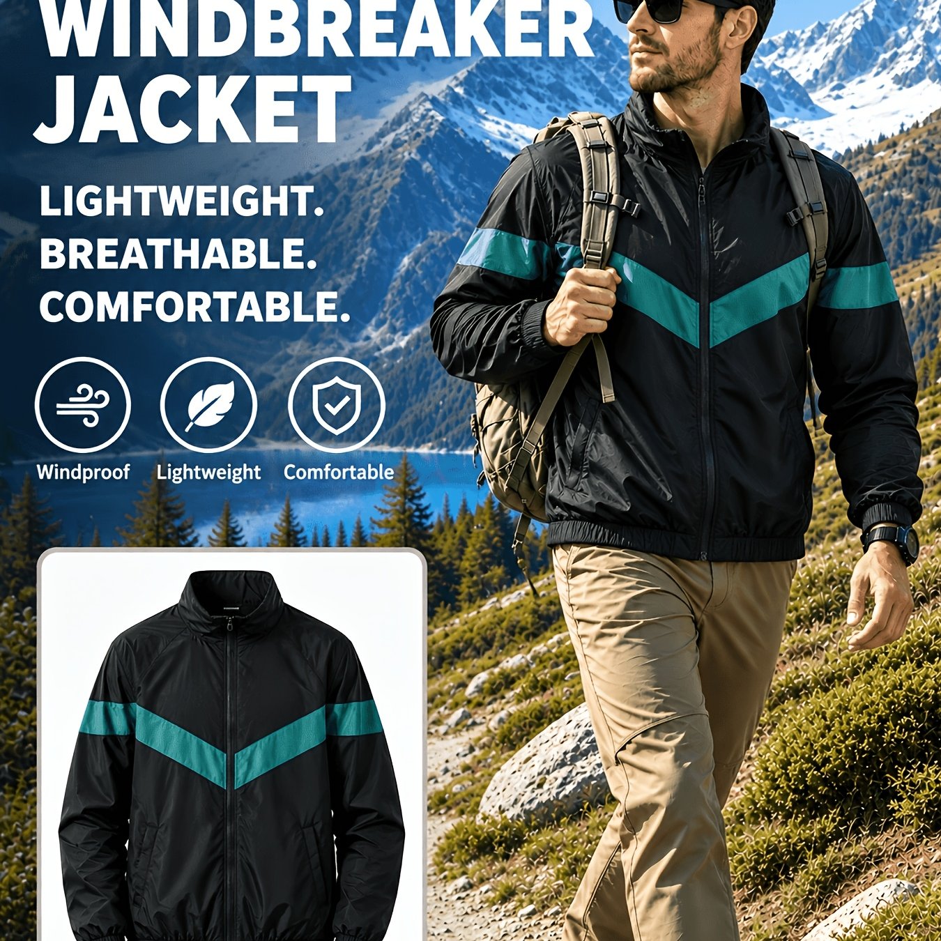 TEMU Spring Autumn Winter New High-quality Collar Windproof Jacket Men's Color-block Loose Trendy Brand Coat Men's Casual Top, Athletic Outerwear,
