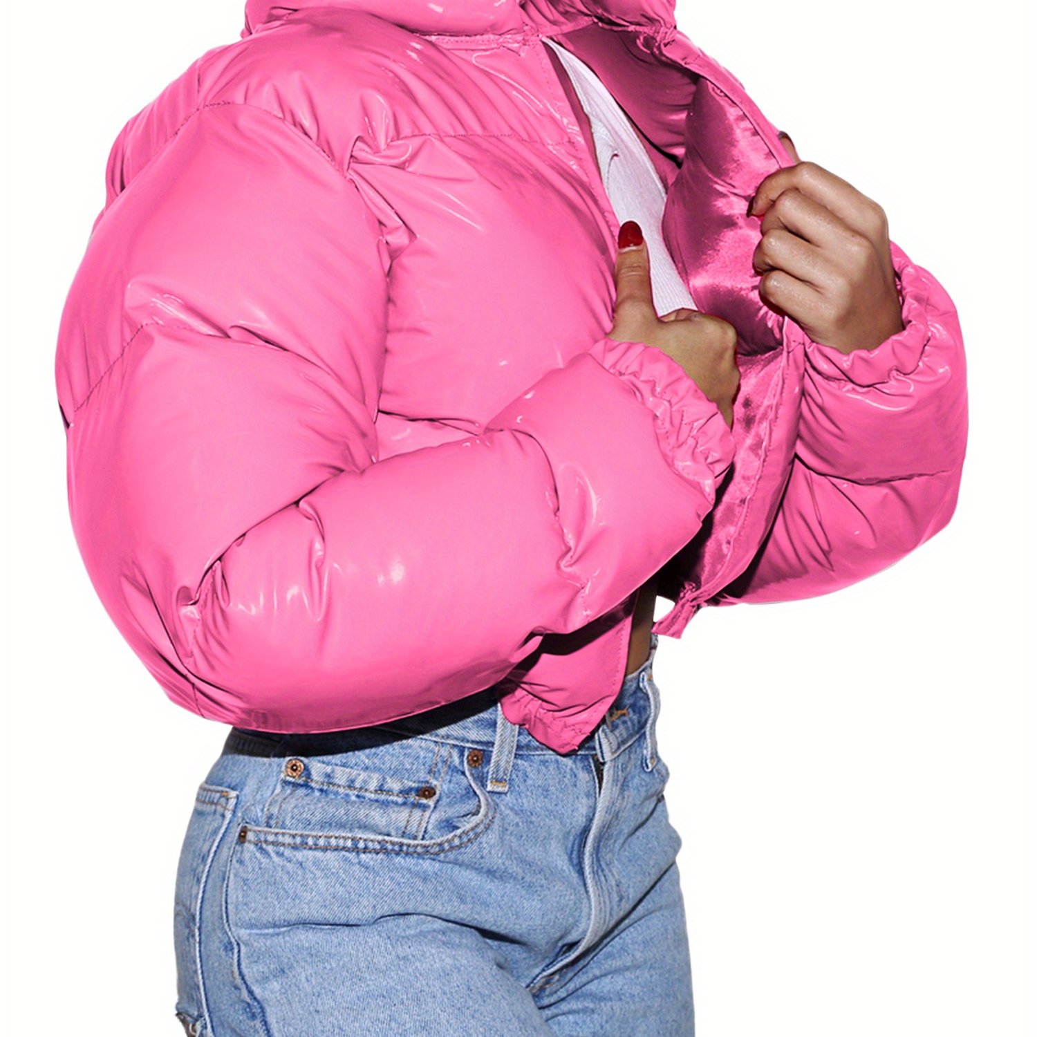 womens high neck quilted puffer jacket 100 polyester non - Temu