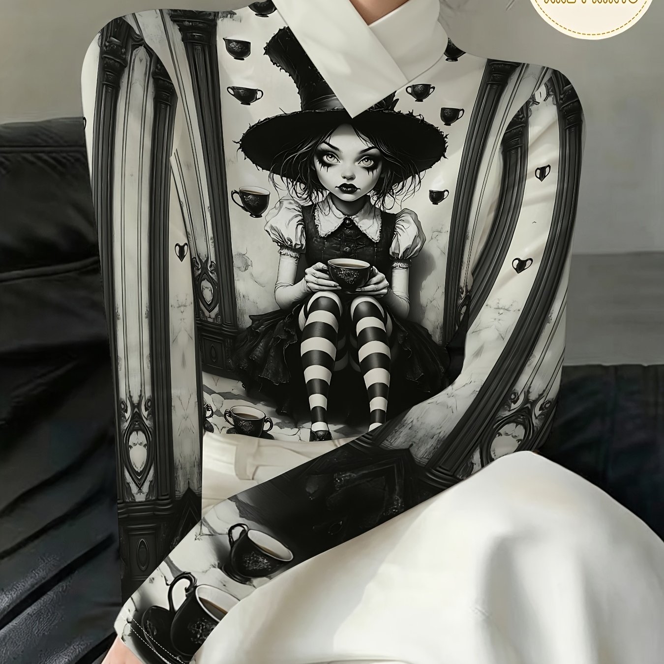 TEMU Maillot de base femme à manches longues et col , imprimé noir Halloween, haut intérieur d'automne-hiver atmosphérique et