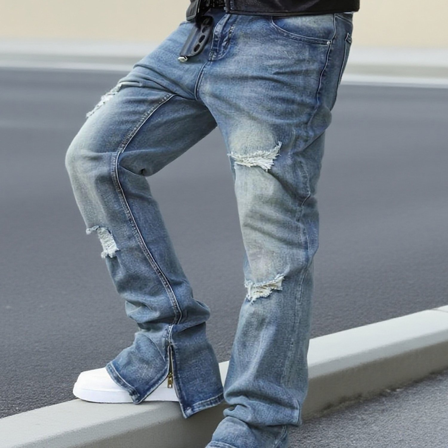 TEMU Men's Straight-leg Distressed Jeans- Mid-rise, Stretch Blend, Leg Zipper Design, Street Style, Ripped Details, Comfortable And Versatile,