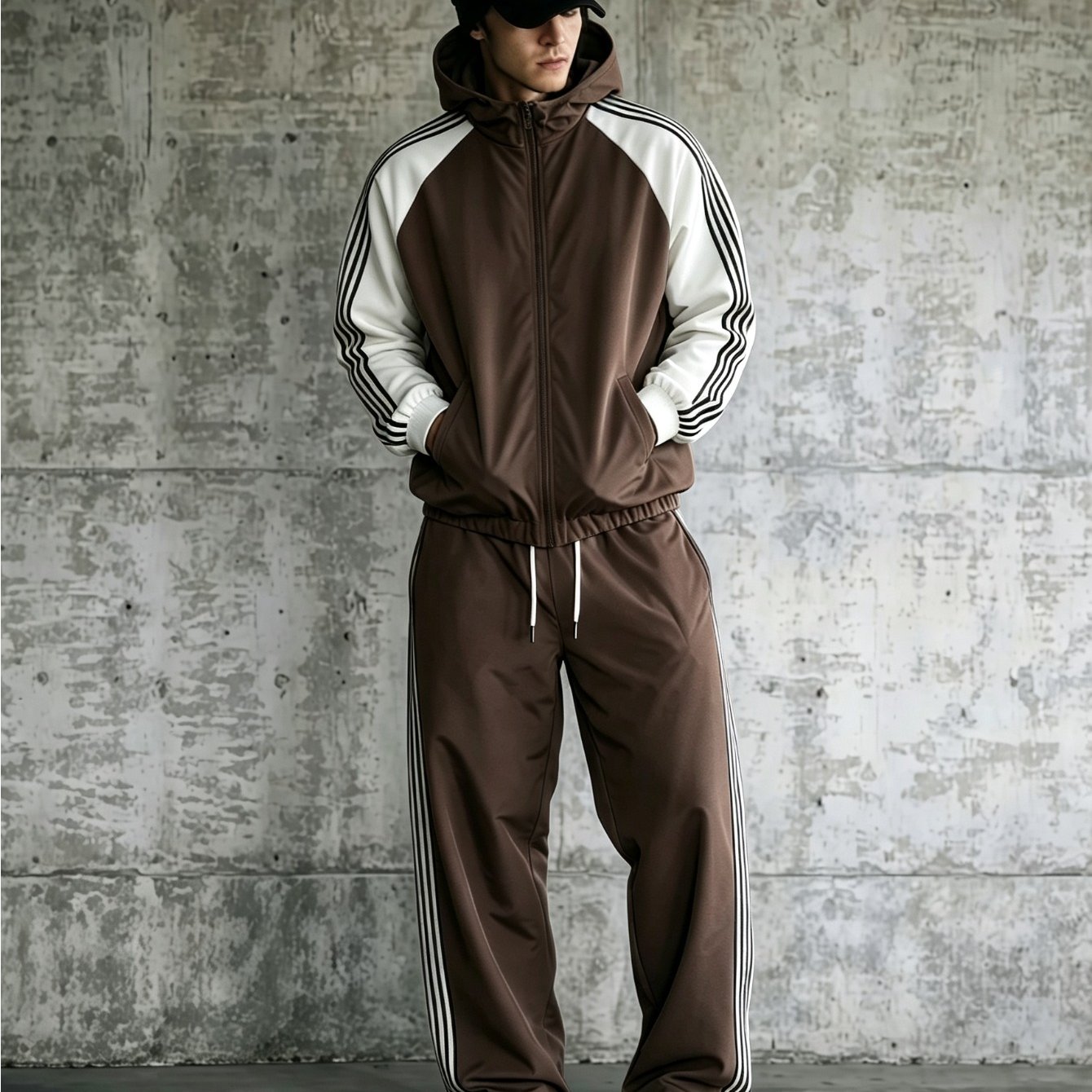 Men's 2pcs Tracksuit Set Zip-up Hooded Raglan Jacket And Wide-leg Striped Sweatpants Casual Athletic Streetwear Sweatsuit Outfit