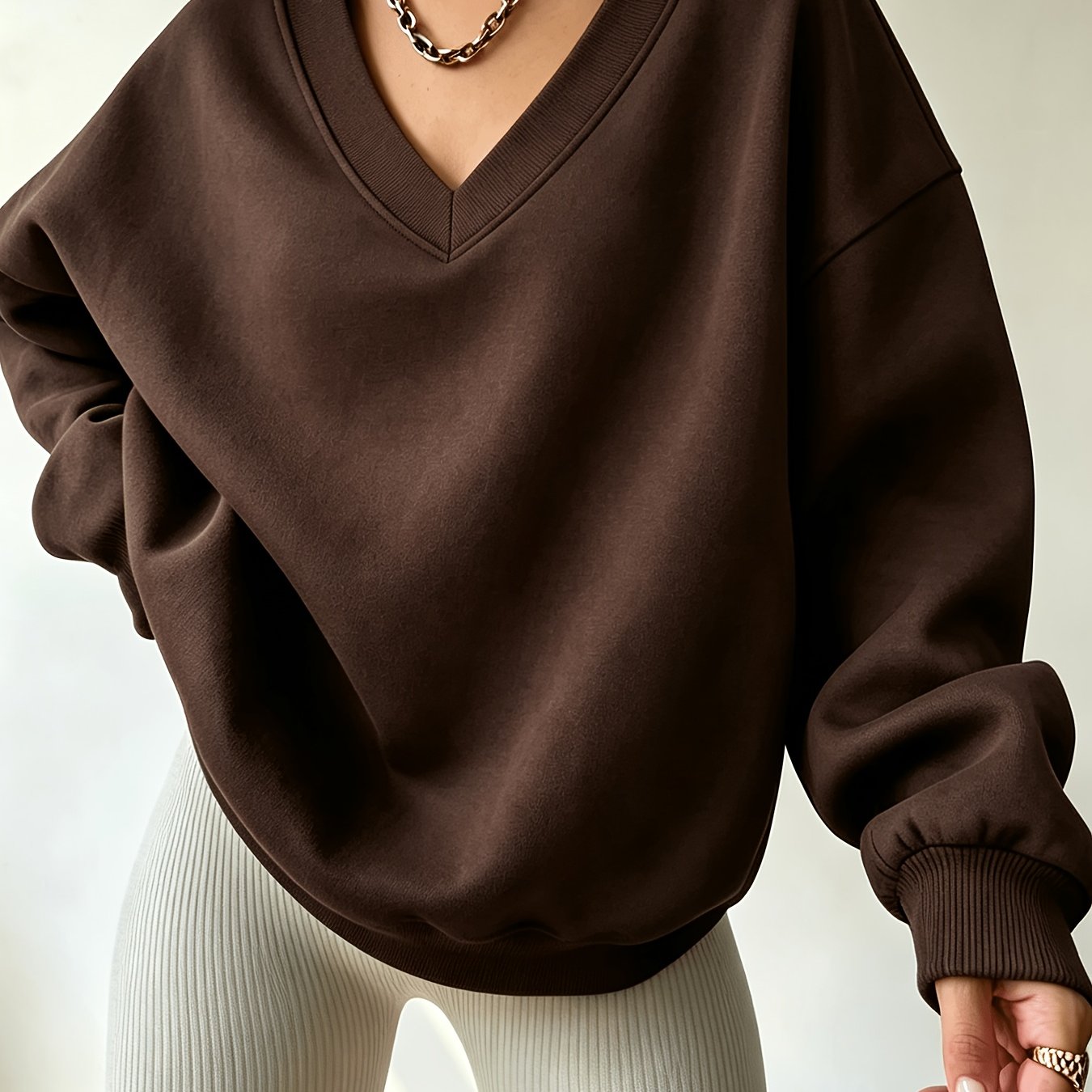 TEMU V-neck Pullover Fleece Sweatshirt Women's Fall Winter Casual Versatile Elegant Temperament Fashion Women's Long Sleeve Top
