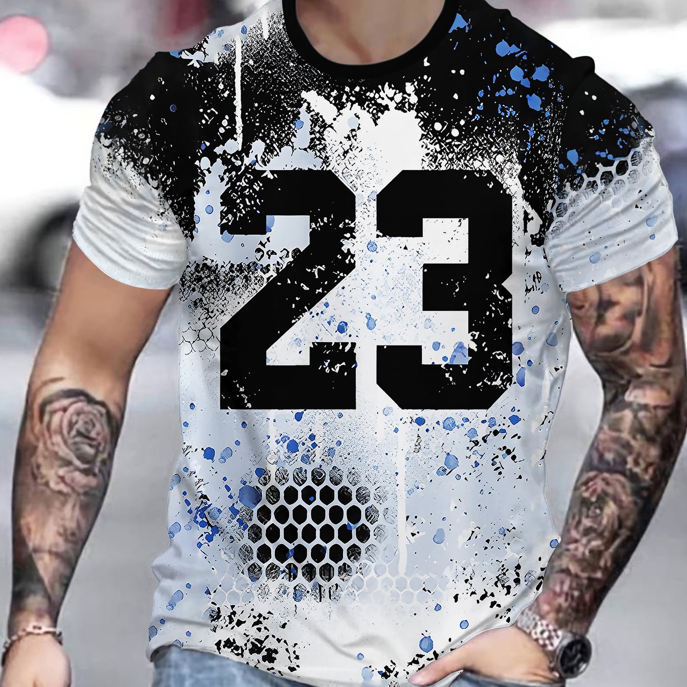 TEMU Men's Black White Blue Splatter Print T-shirt With Number 23, Street Style Honeycomb Pattern Casual Top
