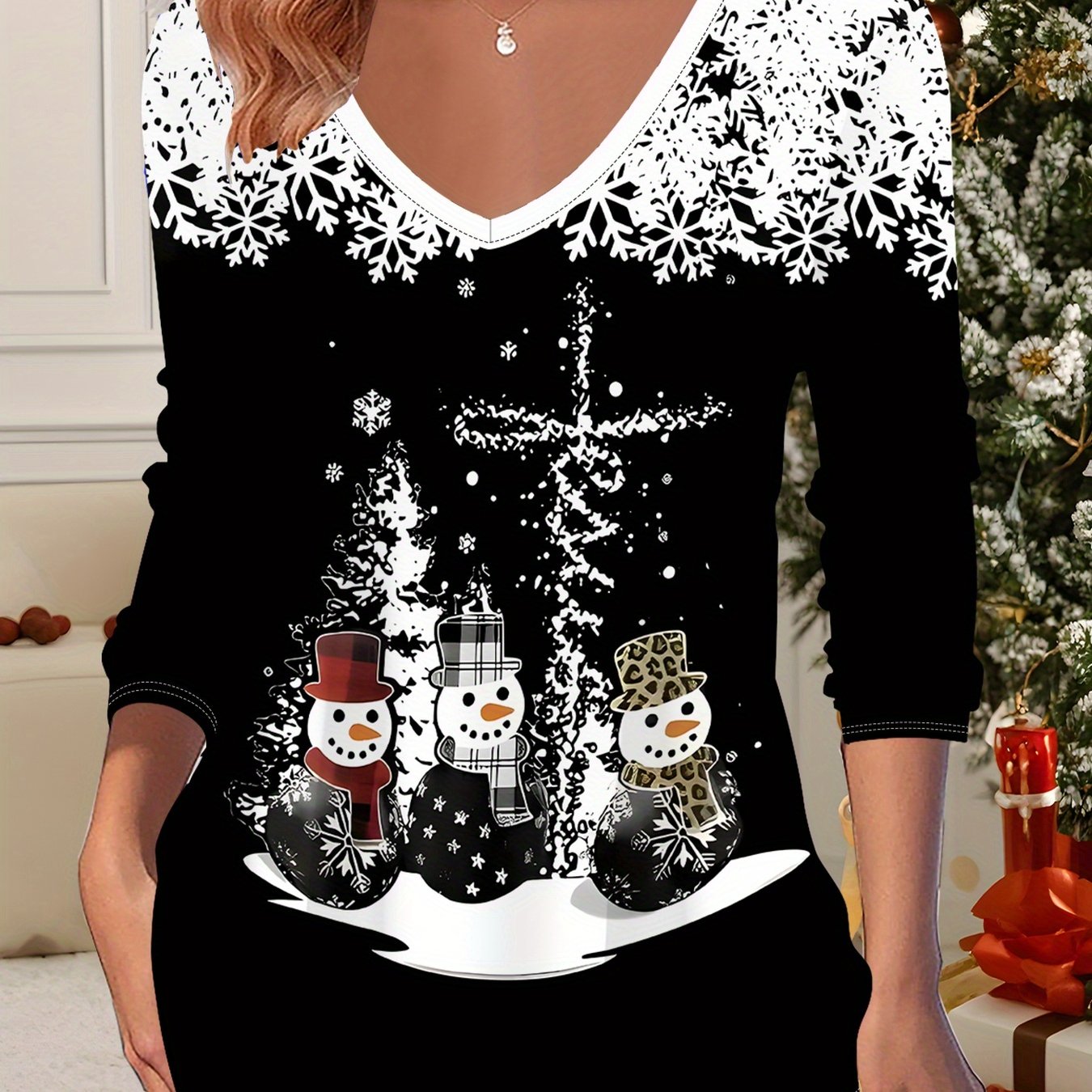TEMU Printed Fashionable Long-sleeved Christmas Gift, Snowman V-neck Halloween Gift, Versatile T-shirt For Ladies On Halloween, Classic Pattern