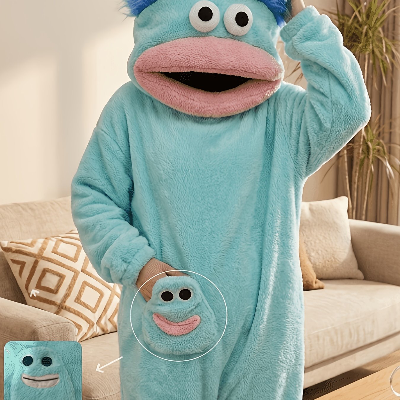 TEMU Pijama de broma de pez - Pijama de monstruo de pelo largo y grande de color azul coral para estar en casa