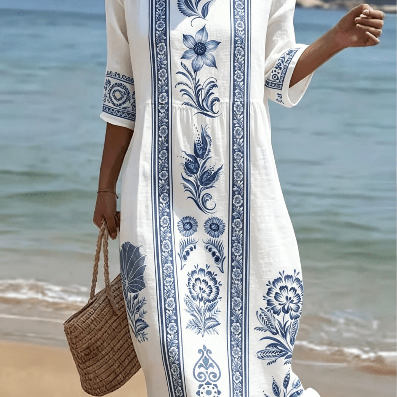 Image of Women Boho Rainbow Ethnic Geometric Circle Printed Midi Dress, Half Sleeve Round Neck Waist Ruched Loose Beach Vacation Sundress, Breathable Lightweight Soft Polyester Fiber Fabric Summer Dress