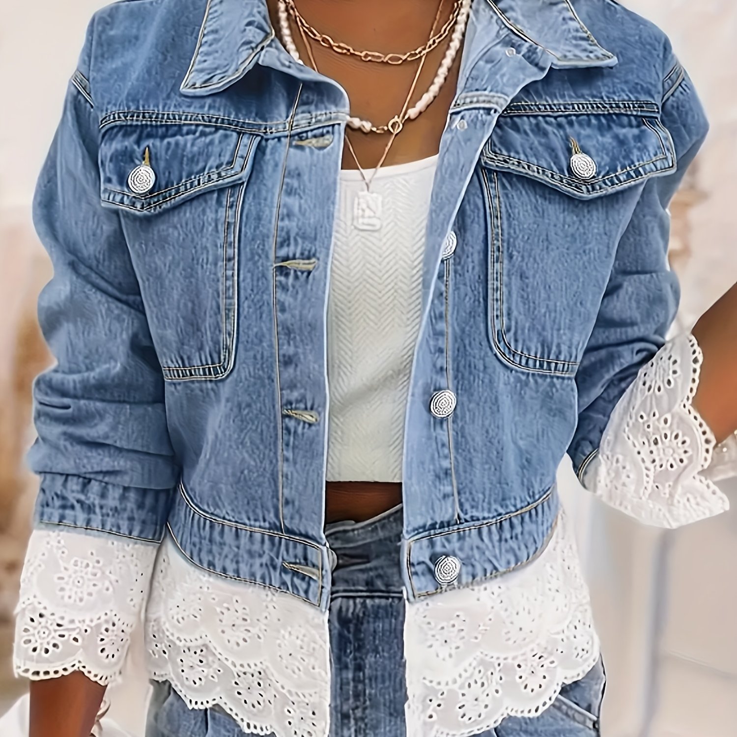 TEMU Plus Size Women's Casual Short Denim Jacket With Lace Trim - Machine Washable Spring/fall Layering Piece, Contrast Lace Edging & Classic Denim