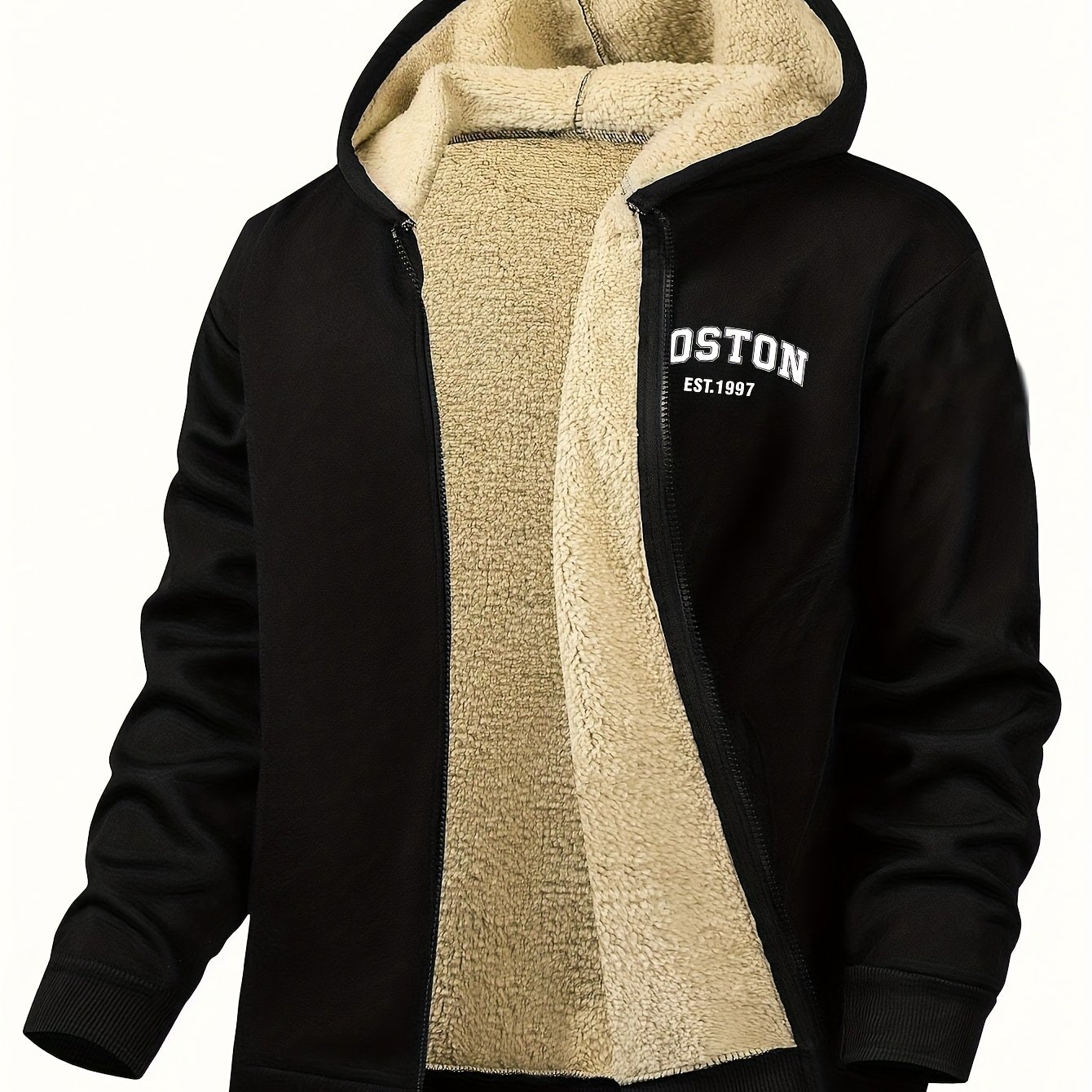 Image of Men's Casual Zip-up Hooded Jacket With Letter Print, Black & Beige Contrast, Regular Fit, Machine Washable, Front Pockets For Outdoor & Casual Attire
