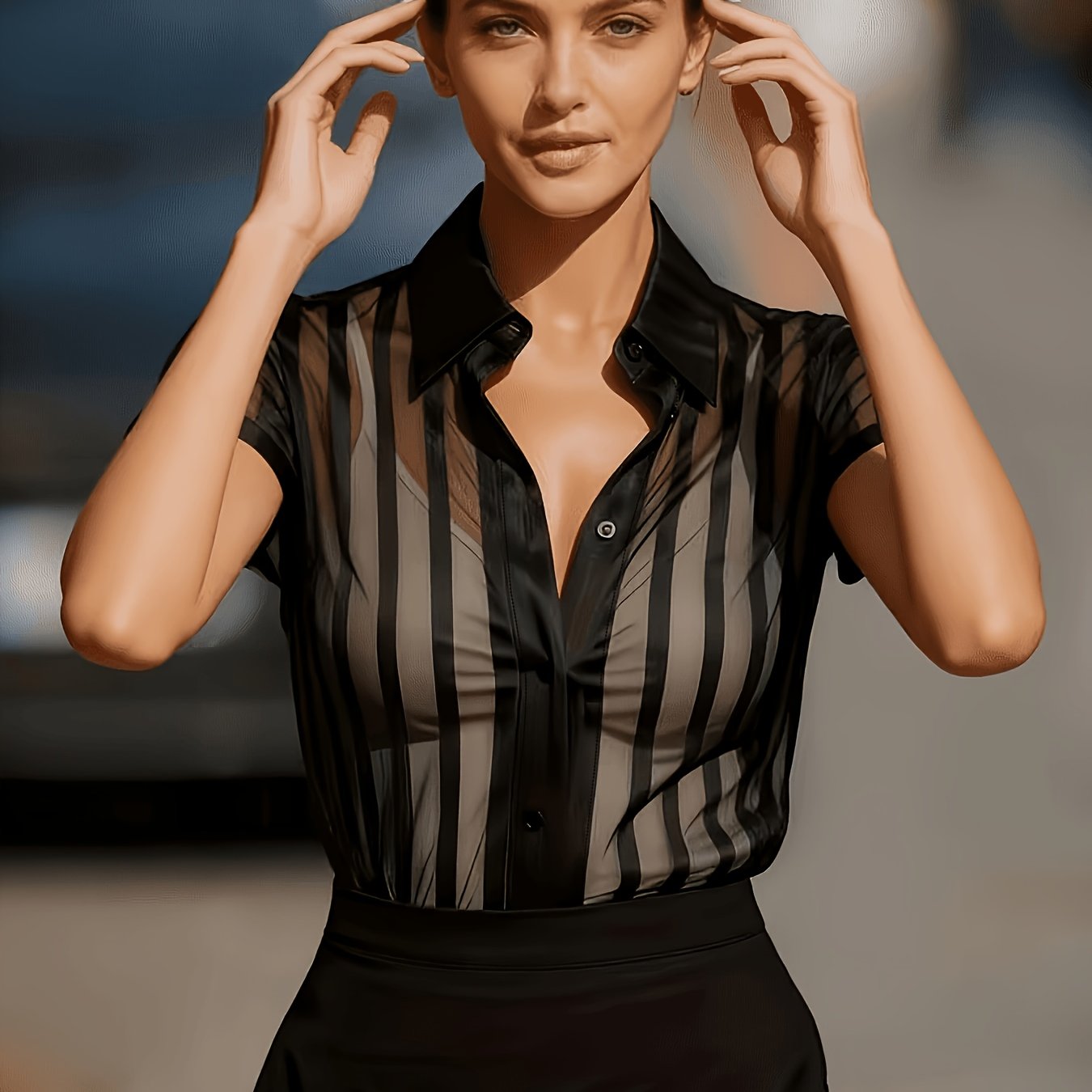 TEMU New Summer Black Mesh Vertical Stripe Slim-fit Shirt With Lapel Collar, Elegant And Flattering Base Layer Top