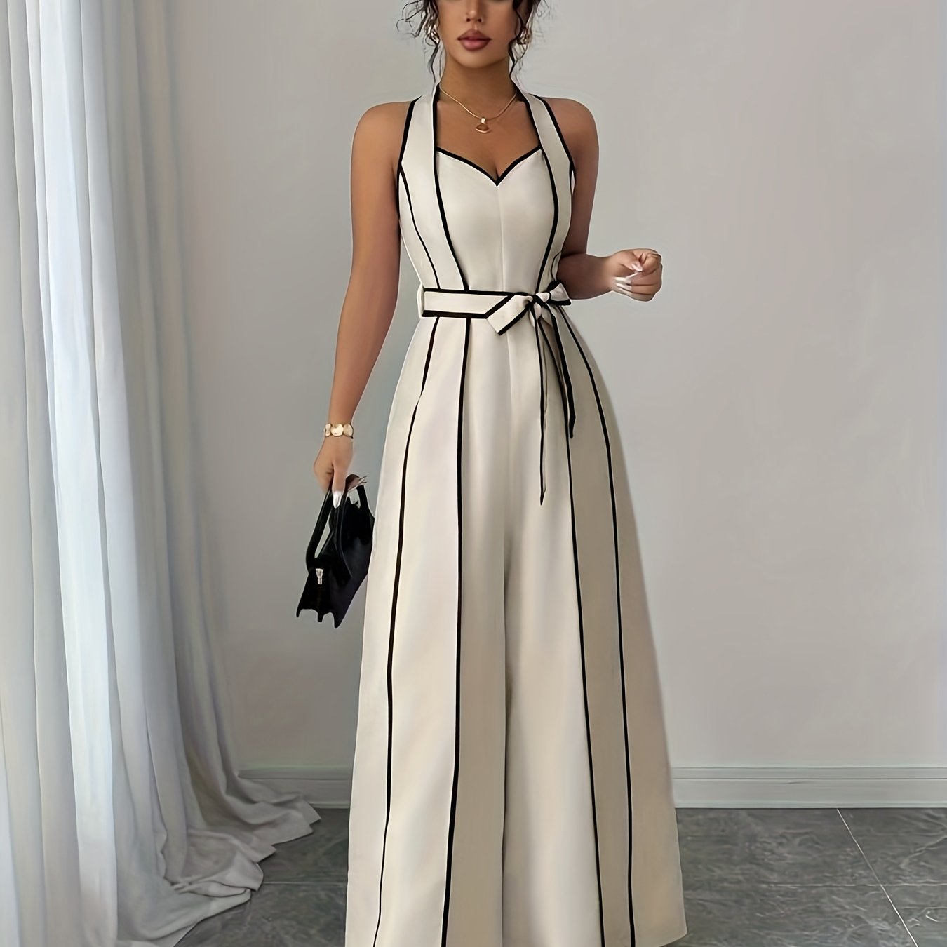 TEMU K605 Women's Spring Summer New French Striped Vintage Halter V-neck High-end All-white Contrast Black Trim Zipper Waist Belt Bust-enhancing Wide